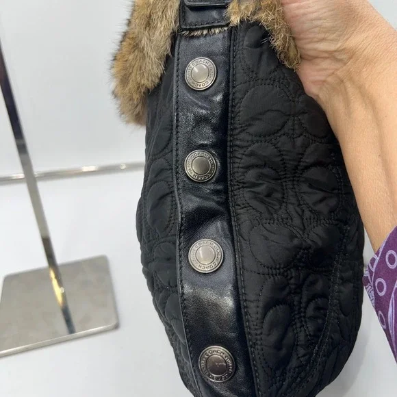 Coach Vintage Black Quilted Fur Trimmed Shoulder Bag Hobo Purse - Picture 10 of 16